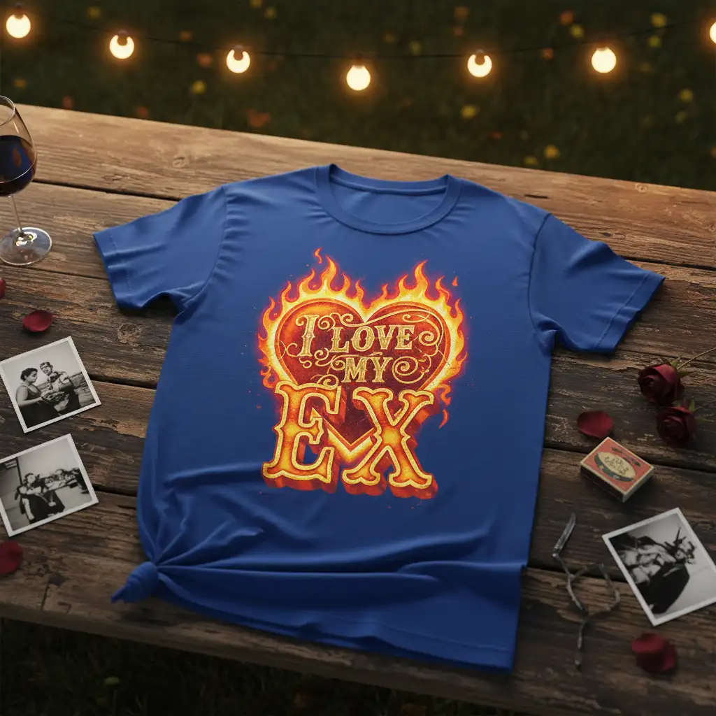 I Love My Ex text inside a vibrant, flaming heart graphic on a blue t-shirt, humorous design