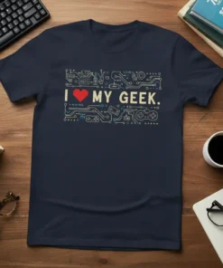Navy blue t-shirt with "I Love My Geek." text and circuit board graphics, featuring a red heart and gaming controller