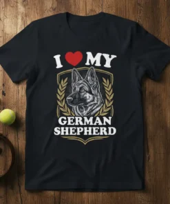 I Love My German Shepherd text with a shield emblem featuring a German Shepherd dog portrait and laurel wreath, printed