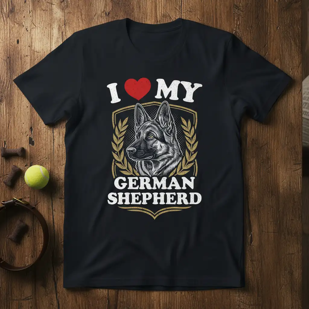 I Love My German Shepherd text with dog portrait and shield emblem on a black t-shirt