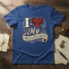 I Love My GIRLFRIEND text with heart graphic on blue t-shirt, romantic gift design