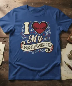 I Love My GIRLFRIEND text with heart graphic on blue t-shirt, romantic gift design