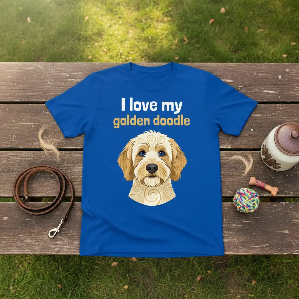 I love my golden doodle text with adorable golden doodle illustration on a blue t-shirt