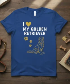 I Love My Golden Retriever T-Shirt with a golden heart, paw prints, and a golden retriever graphic