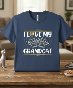 I Love My Grandcat t-shirt with gold heart and paw print graphic