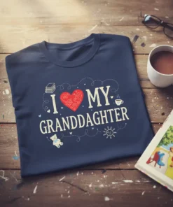 I Love My Granddaughter text with heart and teddy bear graphic on a navy blue t-shirt