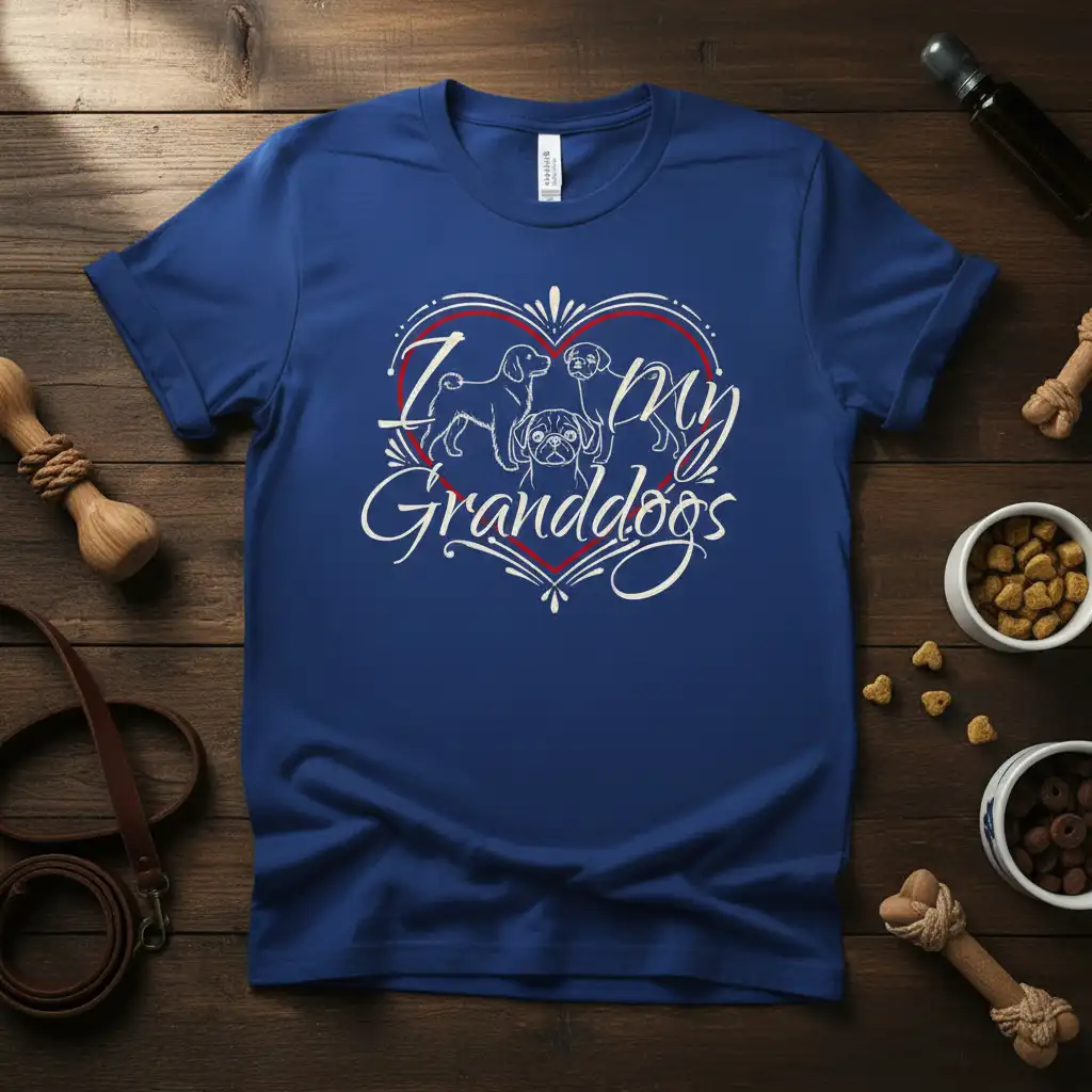 I love my Granddogs quote with dog illustrations inside a heart graphic on a blue t-shirt