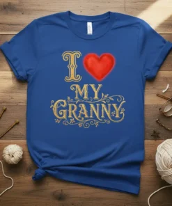 I Love My Granny t-shirt with gold text and a red heart graphic