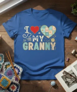 I Love My Granny t-shirt design with a red heart and a patchwork heart, yarn, and knitting needles graphic
