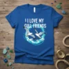 I Love My Gull Friends text with two seagulls flying through waves graphic on a blue t-shirt