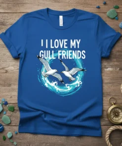 I Love My Gull Friends text with two seagulls flying through waves graphic on a blue t-shirt