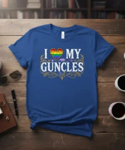 I Love My Guncles text with rainbow heart and decorative elements on a blue t-shirt