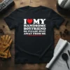 I Love My Handsome Boyfriend So Please Stay Away From Me quote on a black t-shirt, white and red text