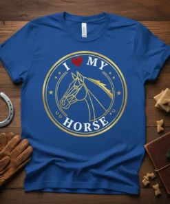 Blue t-shirt with gold text "I Love My Horse" and a horse head graphic inside a circle
