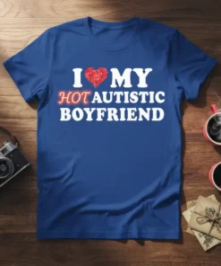 I Love My Hot Autistic Boyfriend T-Shirt featuring a red heart and neon-style text