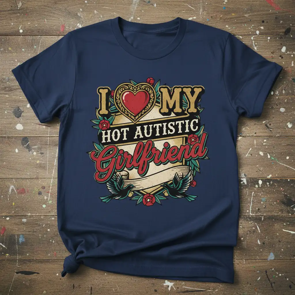 I LOVE MY HOT AUTISTIC Girlfriend quote with heart graphic on a navy blue t-shirt, perfect for boyfriends