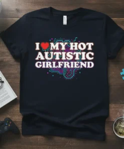 I Love My Hot Autistic Girlfriend t-shirt with a red heart and circuit board design, celebrating neurodivergent relationships