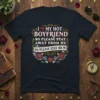 I Love My Hot Boyfriend quote t-shirt design with heart graphic and roses, humorous girlfriend gift idea