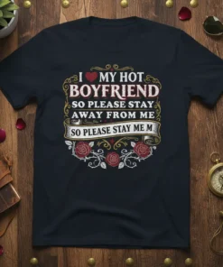 I Love My Hot Boyfriend quote t-shirt design with heart graphic and roses, humorous girlfriend gift idea