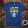 I Love My Hot Cougar Latina Girlfriend t-shirt design with a heart, stylized text, and a graphic of a woman