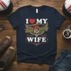 I Love My Hot Crazy Wife t-shirt with heart, skull, wings, and flames graphic