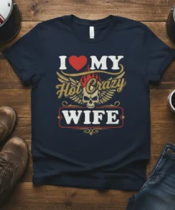 I Love My Hot Crazy Wife t-shirt with heart, skull, wings, and flames graphic