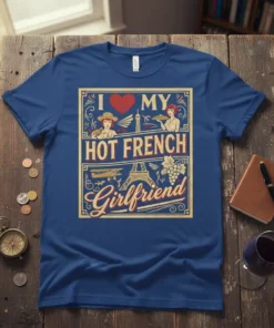 I Love My Hot French Girlfriend t-shirt design with Eiffel Tower and romantic French imagery