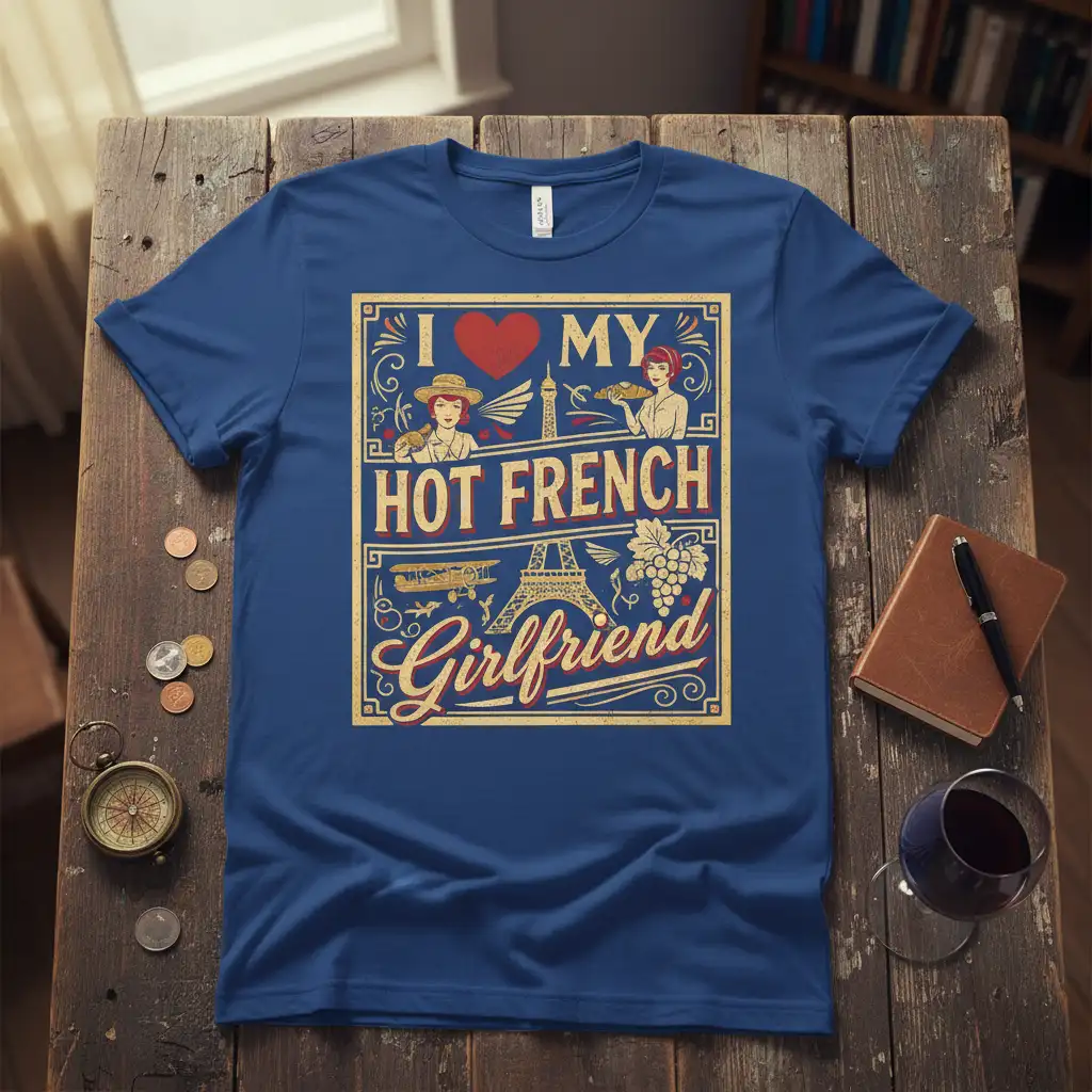 I Love My Hot French Girlfriend phrase with Eiffel Tower and vintage French illustrations on a blue tee