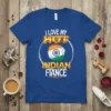 I Love My Hot Indian Fiance text with Indian flag graphic on a royal blue t-shirt