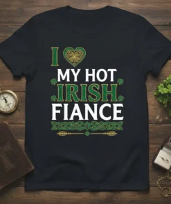 I Love My Hot Irish Fiancé text with heart and shamrocks design on a black t-shirt
