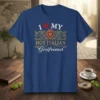 I Love My Hot Italian Girlfriend text with a heart and ornate crest graphic on a blue t-shirt