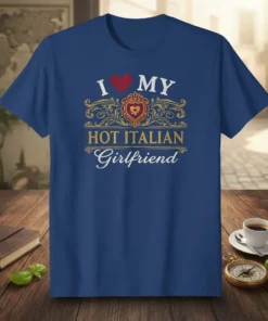 I Love My Hot Italian Girlfriend text with a heart and ornate crest graphic on a blue t-shirt