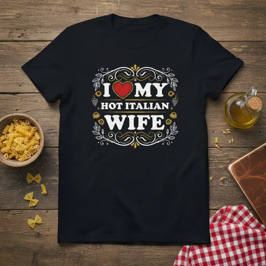 I Love My Hot Italian Wife phrase with a heart graphic on a black t-shirt for husbands