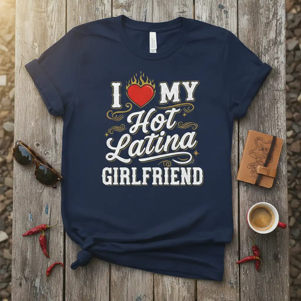 I Love My Hot Latina Girlfriend text graphic with flaming heart on a navy t-shirt for couples