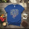 I Love My Hot Latina Girlfriend text design with ornate floral accents on a royal blue t-shirt