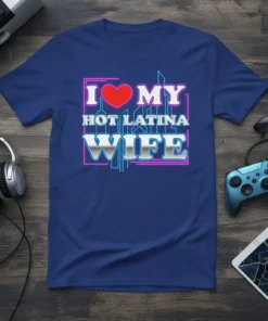 I Love My Hot Latina Wife text graphic with heart and neon outline on a blue t-shirt
