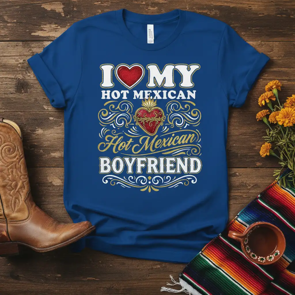 I Love My Hot Mexican Boyfriend text design with heart and sacred heart graphic on a royal blue tee