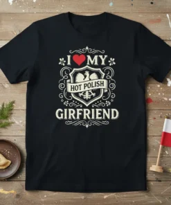 I Love My Hot Polish Girlfriend t-shirt with a heart, shield, and eagle graphic, featuring distressed typography