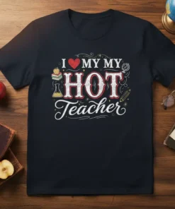 I Love My Hot Teacher t-shirt with heart graphic, books, and science flask design