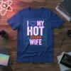 I Love My Hot Teacher Wife t-shirt with pixel heart, bold white text, and circuit board graphics