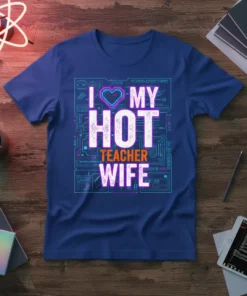 I Love My Hot Teacher Wife t-shirt with pixel heart, bold white text, and circuit board graphics