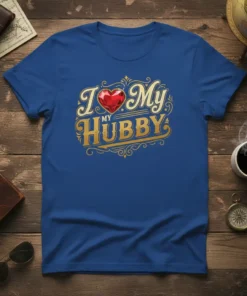 I Love My Hubby T-Shirt with a red heart and gold text, designed for wives to show affection for their