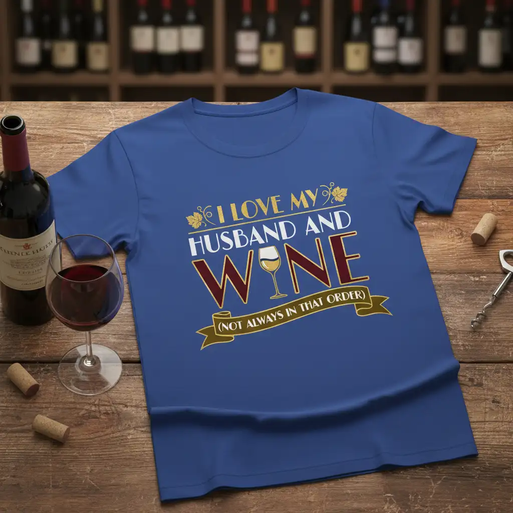 I LOVE MY HUSBAND AND WINE (NOT ALWAYS IN THAT ORDER) quote with wine glass graphic on a blue t-shirt