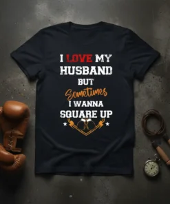 I LOVE MY HUSBAND BUT SOMETIMES I WANNA SQUARE UP text with boxing gloves graphic, humorous wife t-shirt design