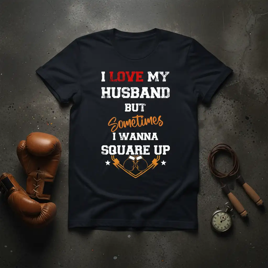 Humorous I Love My Husband But Sometimes I Wanna Square Up quote with boxing glove graphic on t-shirt