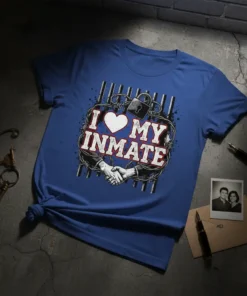 I Love My Inmate T-Shirt design featuring a heart, lock, barbed wire, prison bars, and shaking hands graphic