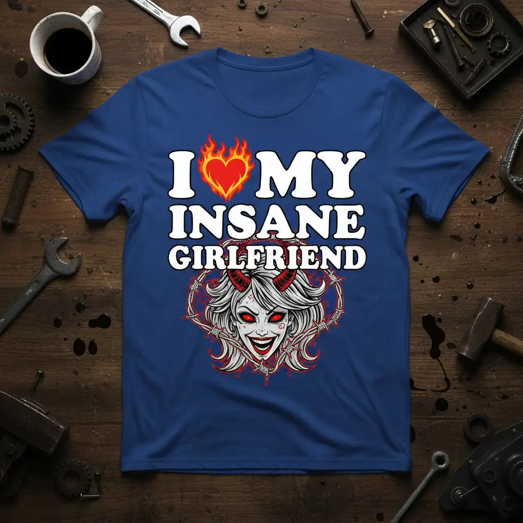 I Love My Insane Girlfriend text design with flaming heart and devil girl illustration