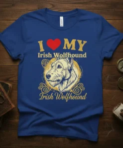 T-shirt design with text "I Love My Irish Wolfhound" and a detailed illustration of an Irish Wolfhound dog's head