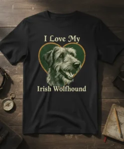 I Love My Irish Wolfhound T-Shirt featuring a vintage-style illustration of an Irish Wolfhound dog inside a green heart graphic