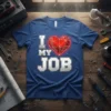 I LOVE MY JOB text with a red geometric heart graphic on a blue t-shirt, surrounded by tools